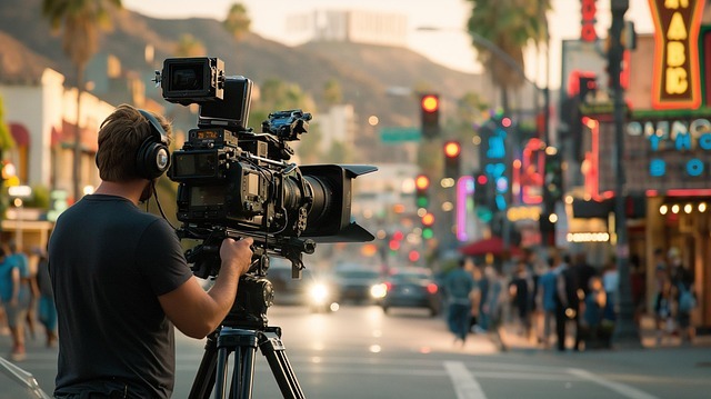Man with a camera filming on the street.