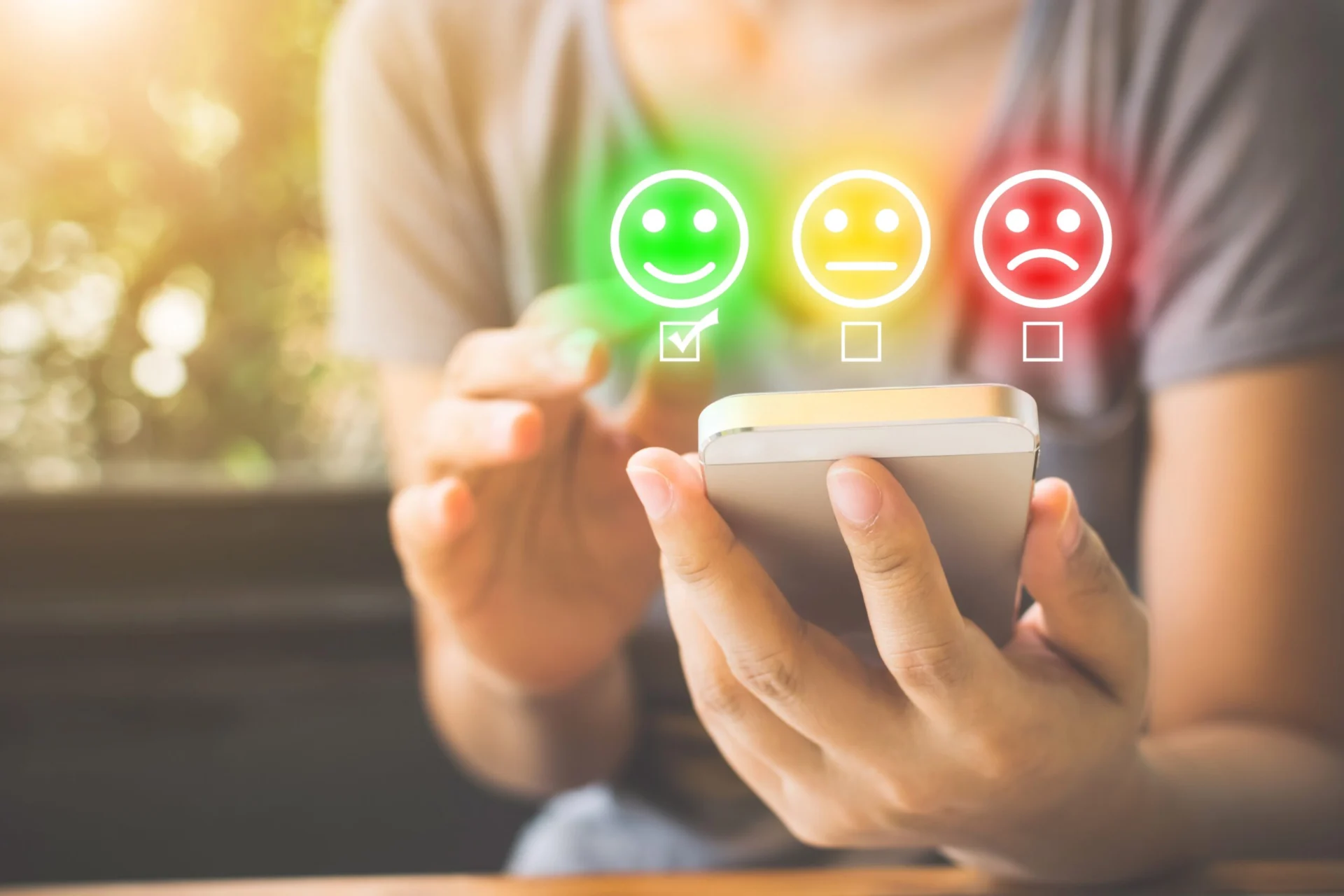 A person providing feedback on a mobile phone.